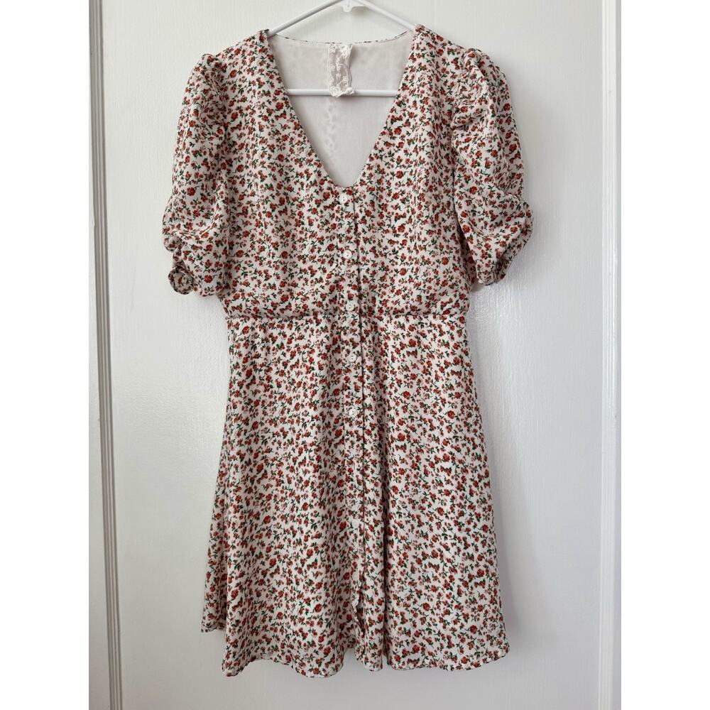 Sadie & Sage Pink White Ditsy Floral Puff Sleeve Button Up Sundress SM Cottage